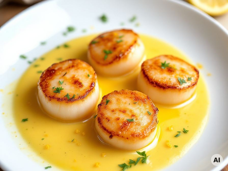 Gebratene Jakobsmuscheln in Safransauce