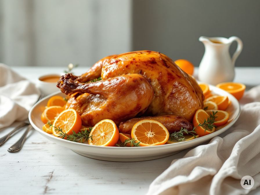 Gebratene Orangen-Pute mit Orangenscheiben auf einer Platte