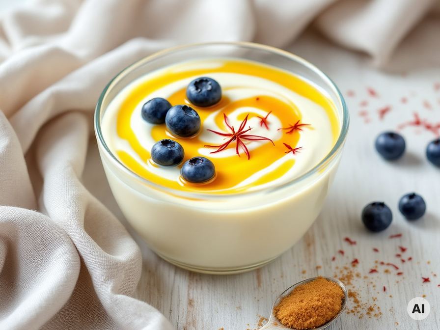 Safran-Joghurt mit Honig und Blaubeeren