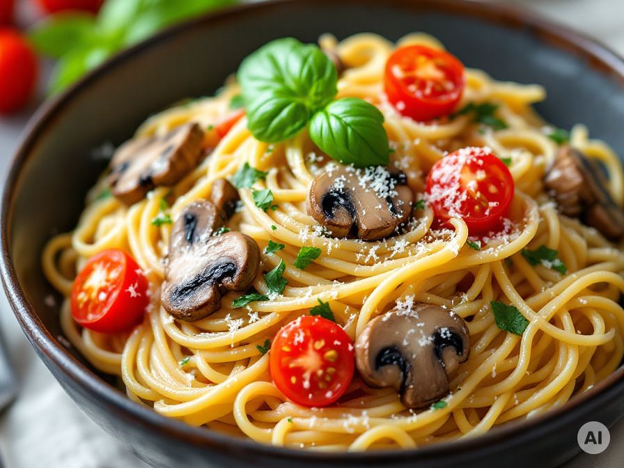 Safran-Spaghetti mit Pilzen und Tomaten