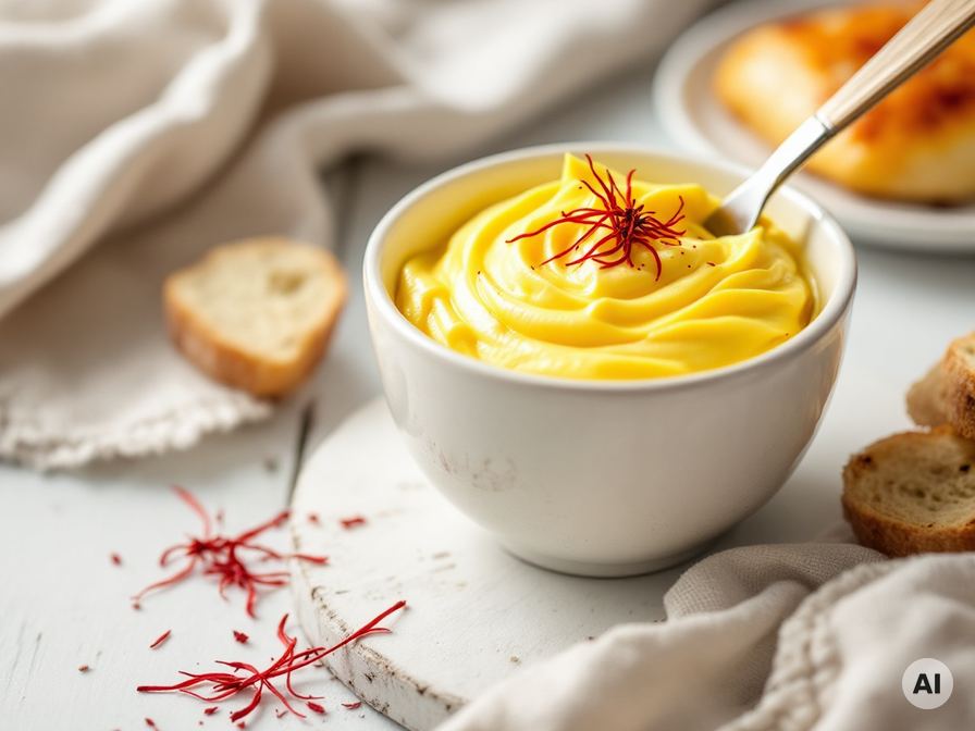 Safranbutter in einer Schale mit Safranfäden und Brot
