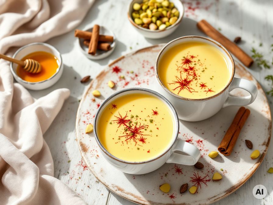 Zwei Tassen Safranmilch mit Pistazien, Zimt und Honig